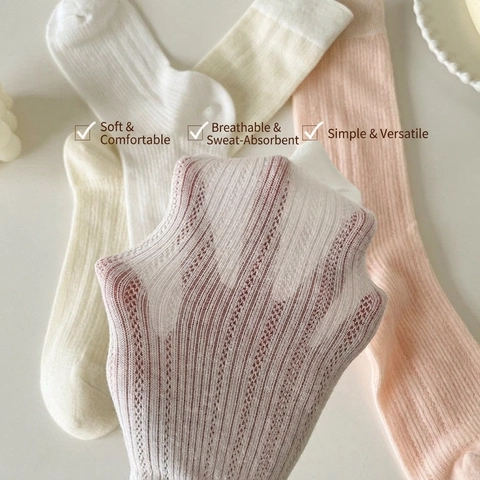Damen Slouch Socken Crew Atmungsaktive Baumwolle Mesh Rippenstrick Hohl Dünn Einfarbig Japanischer JK Ins Stil Weich