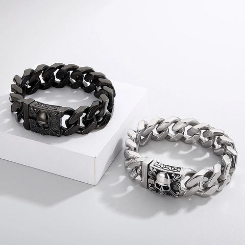 Pulsera De Cadena Cubana Para Hombre Acero Inoxidable Cierre De Calavera Punk Gótico Hip Hop Joyería