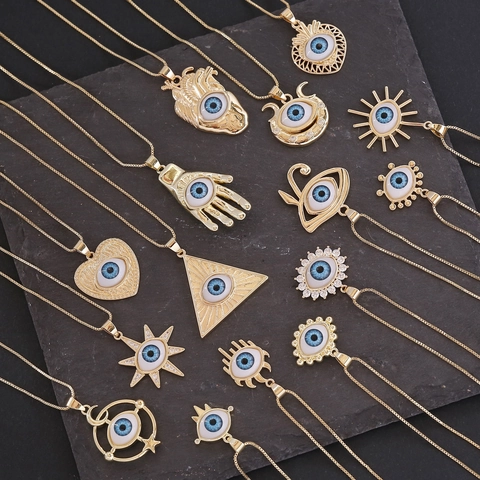 Evil Eye Anhänger Halskette Kupfer Vergoldet Zirkonia Blaues Auge Amulett Schutz Schmuck Herz Hamsa Hand Boho Für Damen