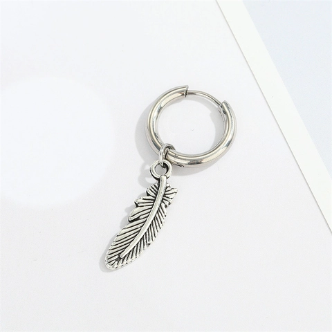 Stainless Steel Feather Wing Pendant Hoop Earrings Retro Punk Vintage Silver Tone Jewelry For Men Women Fashion Gift