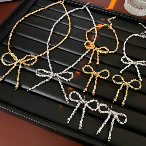 Joyas De Lazo Collar Pulsera Pendientes Aleación Hematita Estilo Minimalista Elegante Con Silver Earring Post Para Mujer