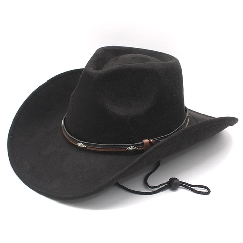 Western Cowboy Hat Faux Suede Rivet Band Adjustable Chin Strap Wide Brim Vintage Style For Men Women