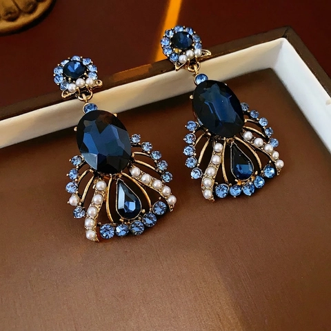 Pendientes Vintage De Estilo Palacio Con Cristal Azul Y Perlas Artificiales Joyas De Aleación Y Poste De Plata Para Mujer