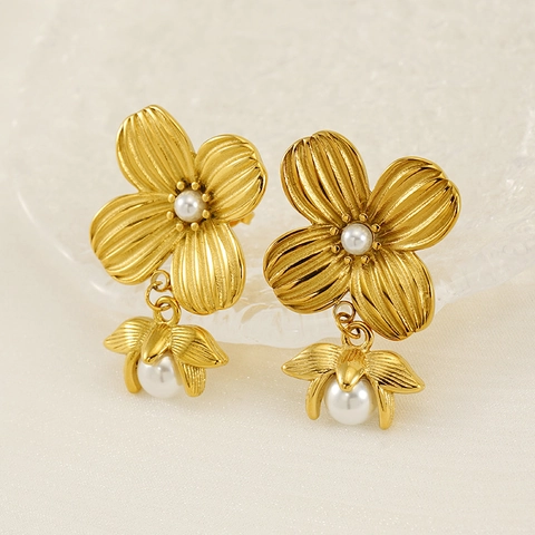 Bloem Hangoorbellen Roestvrij Staal 18K Verguld Met Witte Kunstparel Vintage Floraal Ontwerp Elegant Voor Dames