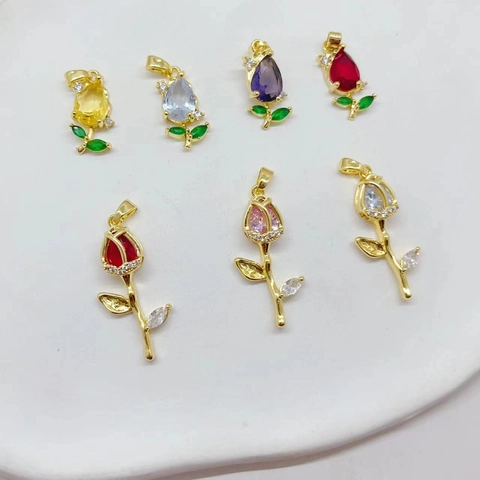 Tulipano Rosa Fiore Ciondolo Rame Placcato Oro Vero Micro Pave Zirconia Pendente Per Fai Da Te Gioielli Accessori