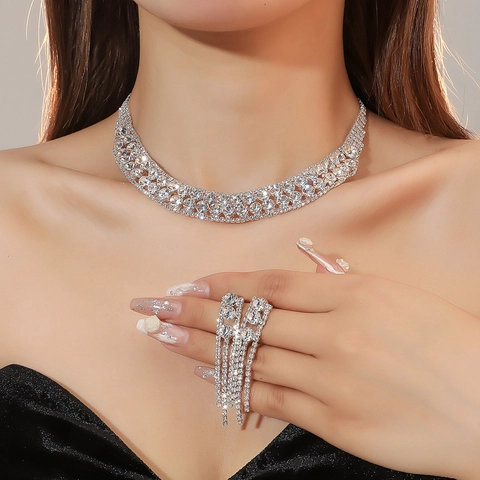 Lujoso Collar De Diamantes De Imitación Brillantes Y Pendientes De Borla Novia Boda Baile Formal Base Cobre Color Plata Mujer
