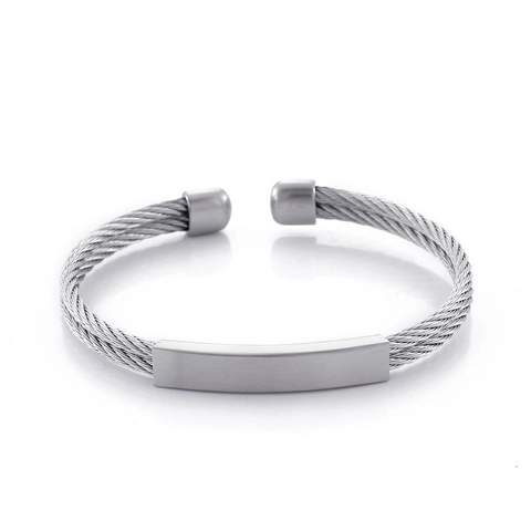 Pulsera De Puño Para Hombre De Acero Inoxidable Cable Tejido Alambre Trenzado Abierto Con Placa De Identidad Lisa Estilo Industrial
