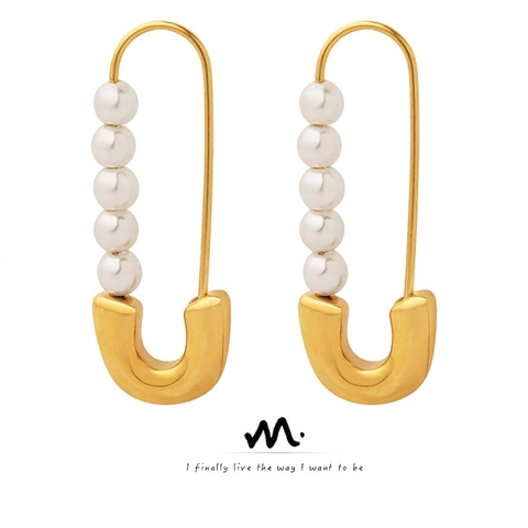 Safety Pin Drop Earrings Titanium Stainless Steel With Imitation Artificial Pearl 18K Gold Plated Minimalist Vintage Jewelry For Women