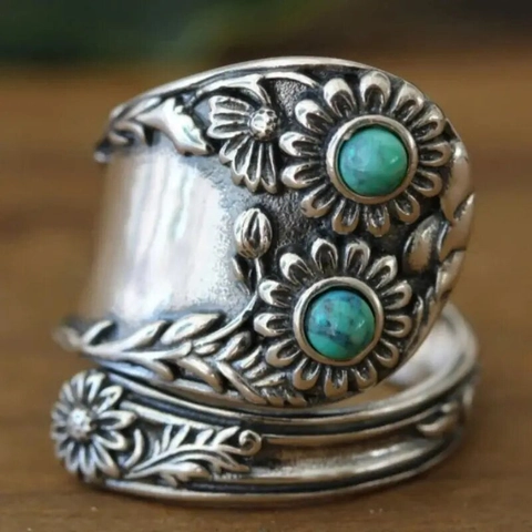 Vintage Sunflower Daisy Relief Ring Copper Imitation Turquoise Open Adjustable Antique Silver Wrap Bohemian Jewelry For Women