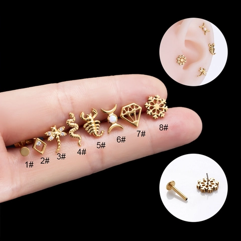 G23 Titanium Labret Ear Cartilage Stud Piercing Snake Scorpion Dragonfly Moon Opal Zircon Inlaid Push Pin Top Jewelry