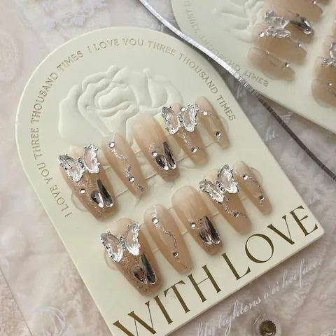 Handmade Press On Nails Long Almond Coffin 3D Butterfly Rhinestone Glitter Nude Gradient French Style Reusable Fake Nails