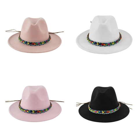 Chapeau Fedora Feutre De Laine Style Ethnique Perles Colorées Bande Tissée Large Bord Plat Jazz Pour Hommes Femmes