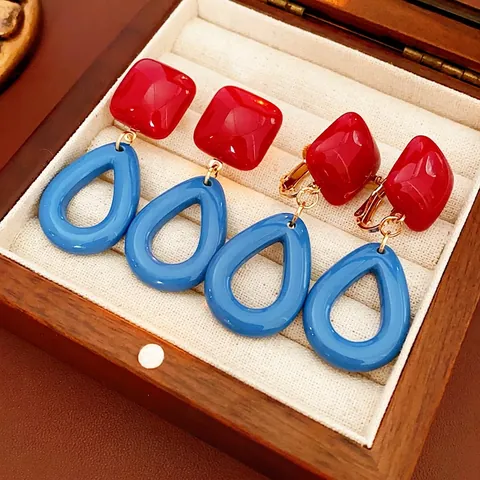 Orecchini Pendenti Geometrici Blocchi Di Colore Resina Quadrato Goccia D'acqua Retro Chic Gioielli Donne Perno Argento O Clip