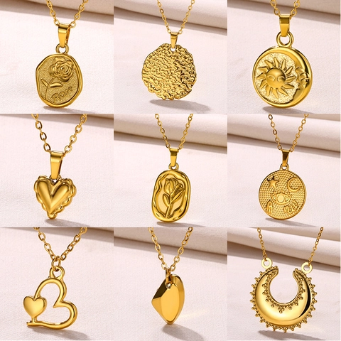 Pendant Necklace Stainless Steel 18K Gold Plated Heart Rose Celestial Pattern Vintage Style Fashion Jewelry For Women