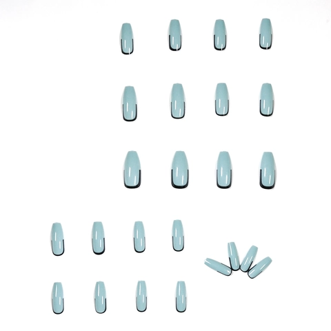 French Tip Press On Nails Morandi Blau Schwarzer Rand Sargform Künstliche Falsche Nägel Glänzend Ballerina Stil Damen