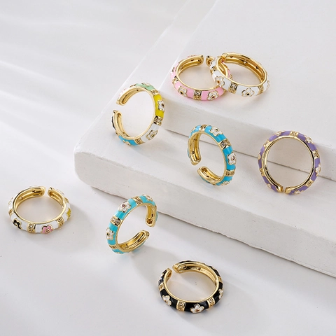 Bague Ouverte Fleur Émail Cuivre Plaqué Or 18K Zircon Coloré Incrusté Style INS Bohémien Ajustable Femmes