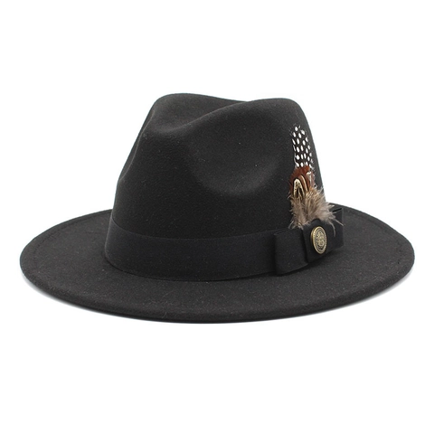 Vintage Wool Felt Fedora Hat Wide Brim Jazz Cap With Feather Decoration And Metal Badge British Style Unisex Elegant