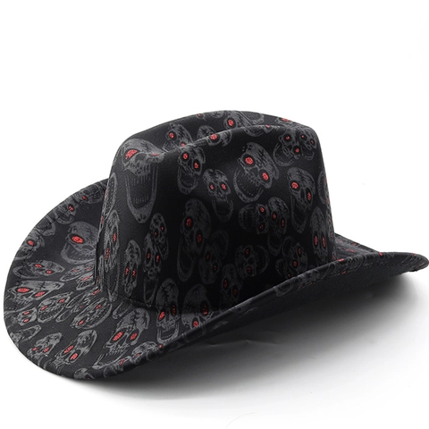 Westerse Cowboyhoed Polyester Schedelprint Rode Glitterogen Halloween Party Punk Kostuum Voor Heren Dames