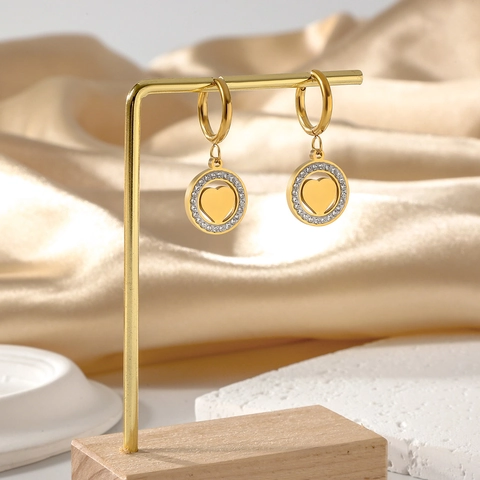 Orecchini A Cuore In Acciaio Inossidabile Con Cornice Rotonda Intarsiata Di Strass Design Cavo Gioielli Di Moda Per Donna