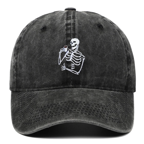 Berretto Da Baseball In Cotone Lavato Ricamo Scheletro Caffè Vintage Cappello Sole Regolabile Per Uomini Donne