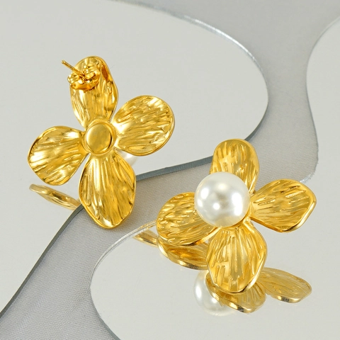 Vintage Französischer Stil Blumen Ohrstecker Edelstahl Mit Künstliche Perle Vergoldet Mode Schmuck Für Damen