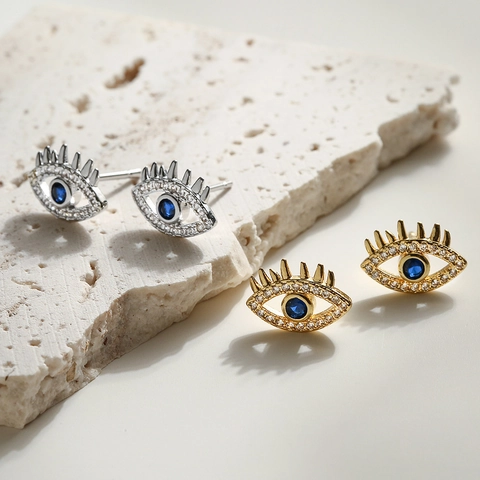 Evil Eye Stud Earrings Copper Blue Zircon Micro Pave Rhinestone Eyelash Dainty Jewelry For Women
