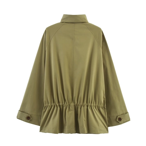 Women Casual Stand Collar Utility Jacket With Drawstring Waist Large Pockets Solid Color Army Green Windproof Outerwear Coat