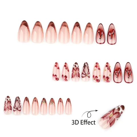 Long Almond Press On Nails Vintage Red Floral 3D Bow Cherry Embossed Leopard Print Artificial Finger Tips For Women