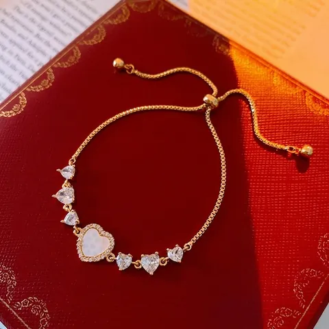 Bracelet Coeur Cuivre Plaqué Or Véritable Nacre Ajustable Slider Zircone Élégant Design Chaîne Maille