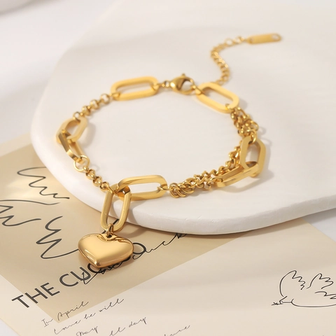 Bracciale In Acciaio Inossidabile Placcato Oro 18K Con Ciondolo A Cuore Catena Splicing Per Donna Gioielli Hip Hop