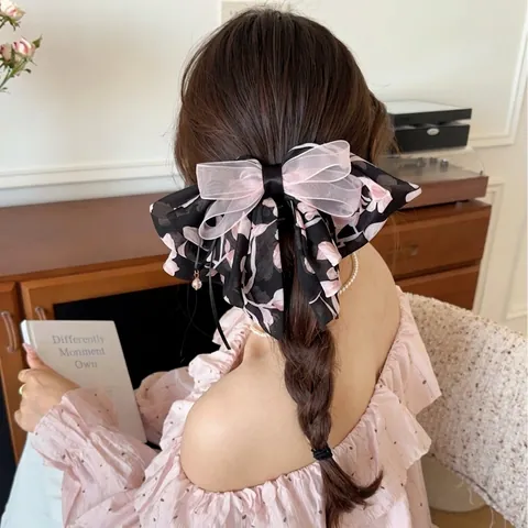 Large Chiffon Bow Hair Claw Clip With Long Streamers Floral Polka Dot Organza French Style Elegant Hair Accessory Women