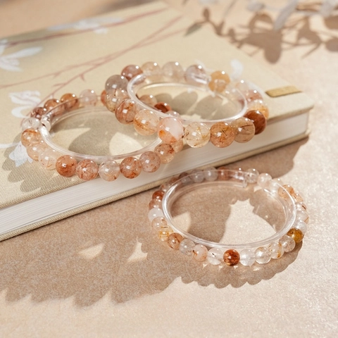 Natural Rutilated Quartz Beaded Bracelet Round Crystal Stone Stretch Healing Jewelry Fashion Vintage Accessory For Women Men