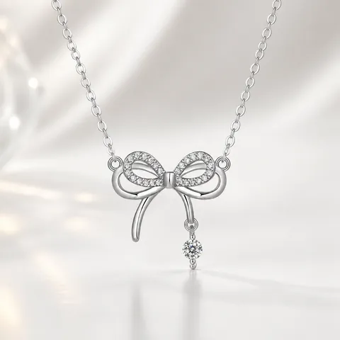 925 Sterling Silver Bow Tassel Pendant Necklace With Moissanite Zirconia Stones For Women Elegant Clavicle Chain Jewelry Gift