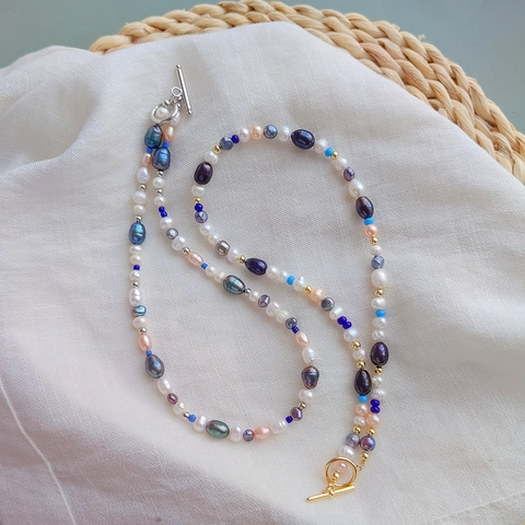 Vintage Handmade Freshwater Pearl Choker For Women Multi Color Beads Acrylic Eye 18K Gold Plated Toggle Clasp Jewelry