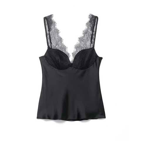 Sexy Lace Patchwork Satin Camisole Women V Neck Spaghetti Strap Sleeveless Satiny Tank Top Black