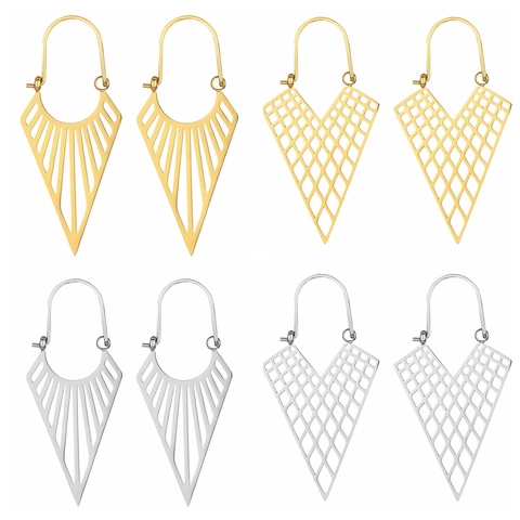 Geometric Hollow Triangle Fan Earrings Stainless Steel Vintage Bohemian Style For Women Jewelry