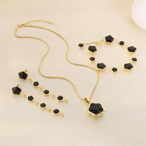 Stainless Steel Necklace Bracelet And Earrings Black Clover Flower Tassel Elegant Trendy Jewelry For Women