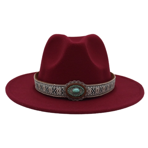 Fedora Hat Wool Felt Wide Brim Ethnic Woven Band Turquoise Decor Bohemian Western Cowboy Style Jazz Cap For Men Women