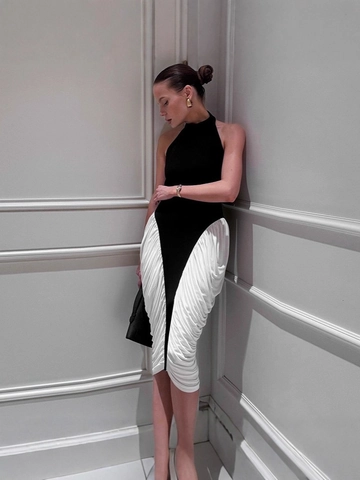 Robe Midi Bloc De Couleur Dos Nu À Licou Froncée Moulante Polyester Élasthanne Sans Manches Pour Femmes Soirée Élégante