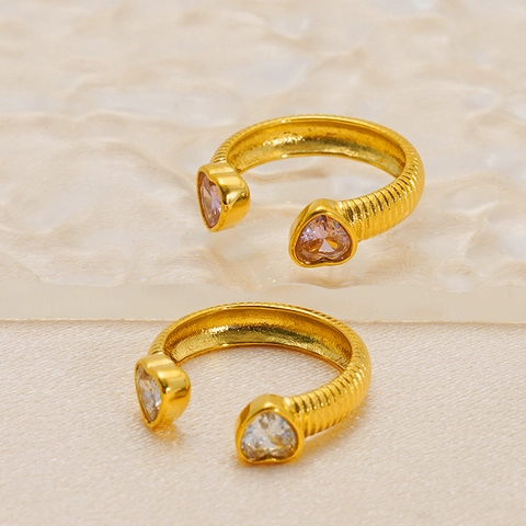 Herzförmiger Zirkonia Ring 18K Vergoldet Edelstahl Offen Verstellbar Minimalistischer Ins-Stil Schmuck Für Frauen