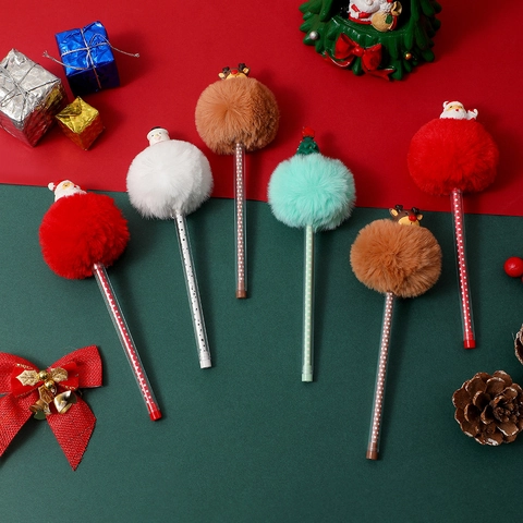 Christmas Ballpoint Pens Creative Plush Pom Pom Cartoon Santa Snowman Reindeer Student Stationery Holiday Gift Novelty