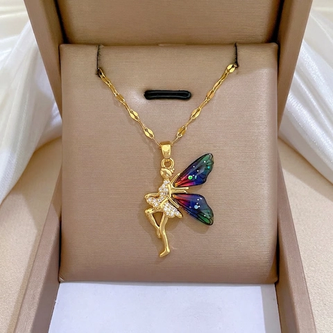 Collier Pendentif Ailes Ange Fée Fleurs Chaîne Acier Inoxydable Cuivre Micro Strass Émail Dégradé Élégant Pour Femmes