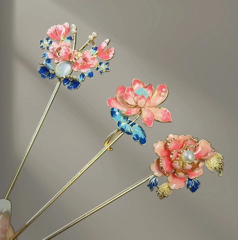 Vintage Chinese Style Hair Stick Alloy Flower Enamel Faux Artificial Pearl Hair Fork For Hanfu Accessories Traditional Elegant Women