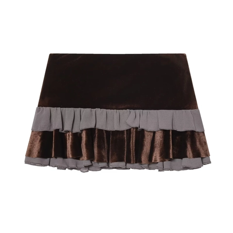 Velvet Layered Ruffle Minirock Hohe Taille Retro Kontrastfarbe Braun Grau Für Damen