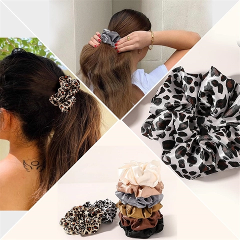 Oversized Satin Scrunchies Large Satin Texture Elastic Hair Ties Leopard Print And Solid Minimalist Hairbands For Women