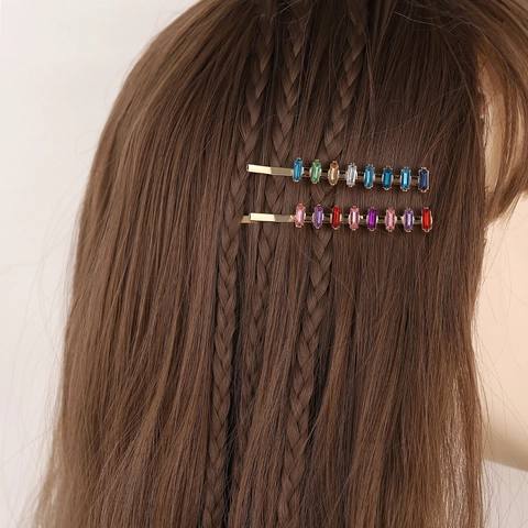 Shiny Colorful Glass Rhinestone Hair Clips Alloy Gold Plated Rectangular Crystal Bobby Pins Fashion Side Clips Women