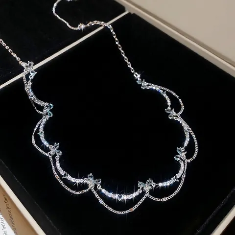 Doppellagige Halskette Mit Kupfer Zirkon Schmetterling Herz Anhänger Elegante Quaste Schlüsselbein Kette Schmuck