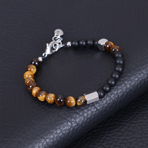 Natural Stone Beaded Bracelet Stainless Steel Adjustable Map Stone Tiger Eye Minimalist Jewelry For Men Women