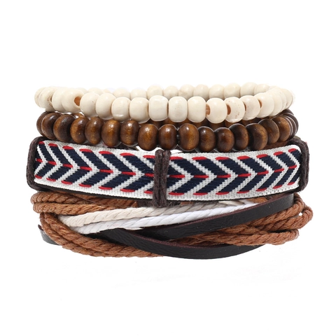 Bracciale Multistrato Uomo Vintage in Pelle di Vacchetta Perline in Legno Cordino Intrecciato Etnico Regolabile Gioielli Fatti a Mano Boho Regalo
