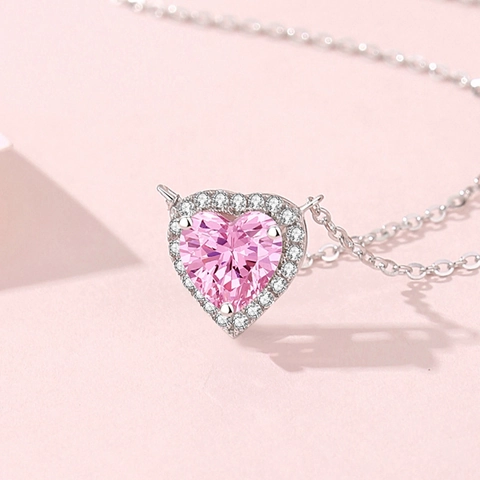 925 Sterling Silver Necklace With Pink Heart Cubic Zirconia Pendant Elegant Jewelry Gift For Women